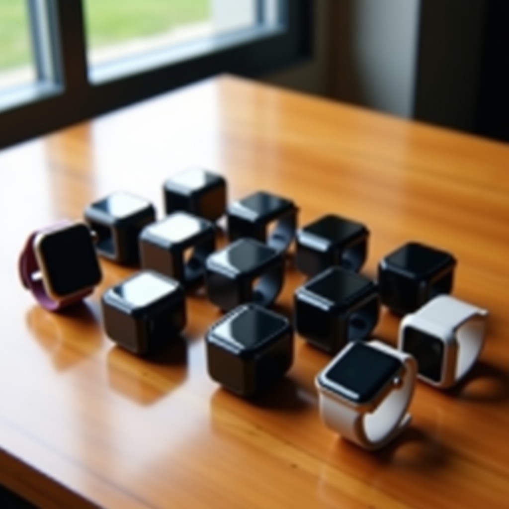 Several different smartwatches with various strap colors and screen shapes arranged neatly on a wooden table bright natural lighting 4:3