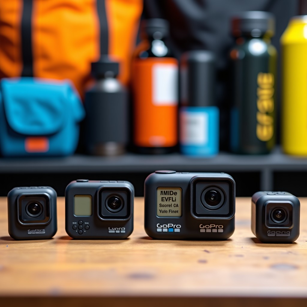 A variety of modern action cameras including GoPro and other brands neatly arranged on a wooden table with outdoor gear in the background. High quality photography style. 16:9