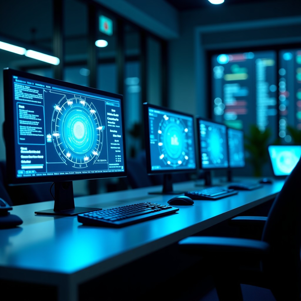 A futuristic workstation with multiple holographic AI interfaces glowing in a dark, professional office, high-tech atmosphere, cinematic lighting, 4:3.