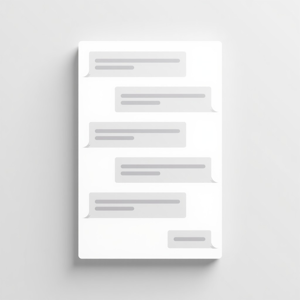 A modern minimalist user interface showing a clean chat window with short and factual text blocks. High contrast design. No text on screen. 1:1