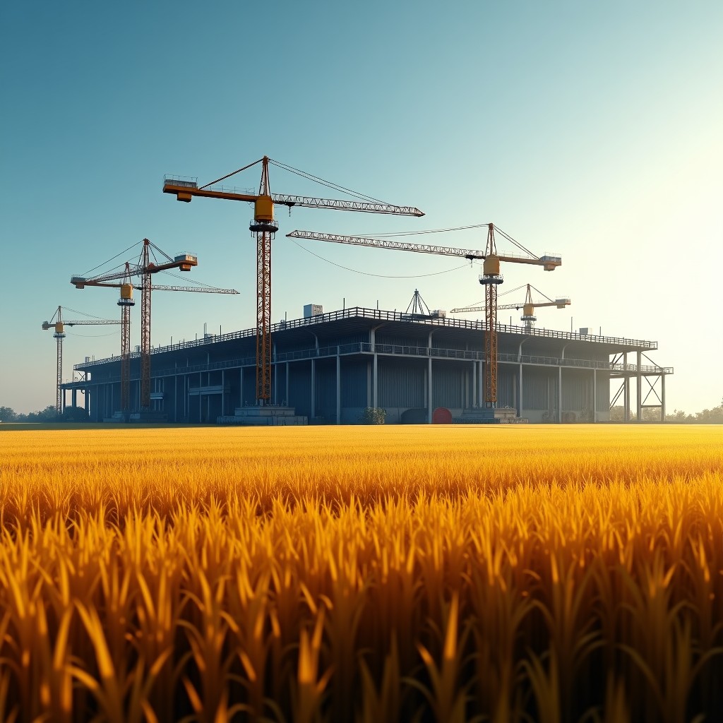 A vast construction site for a massive modern data center with cranes and steel frames. Right next to the construction site, a traditional golden cornfield remains, creating a sharp contrast between nature and industrial technology. High contrast and realistic lighting. 4:3