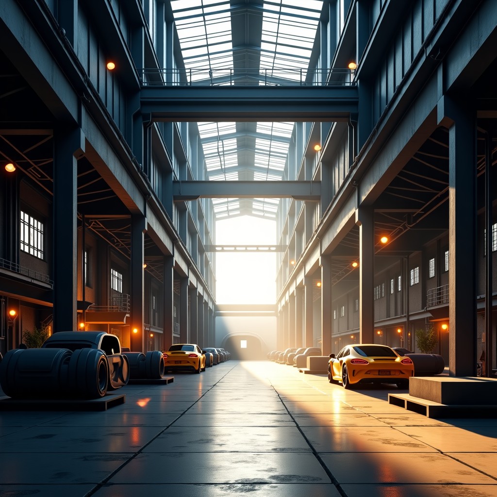 Interior of a high tech modern heavy industrial factory with massive precision machinery and steel structures. Warm lighting natural industrial setting 4:3