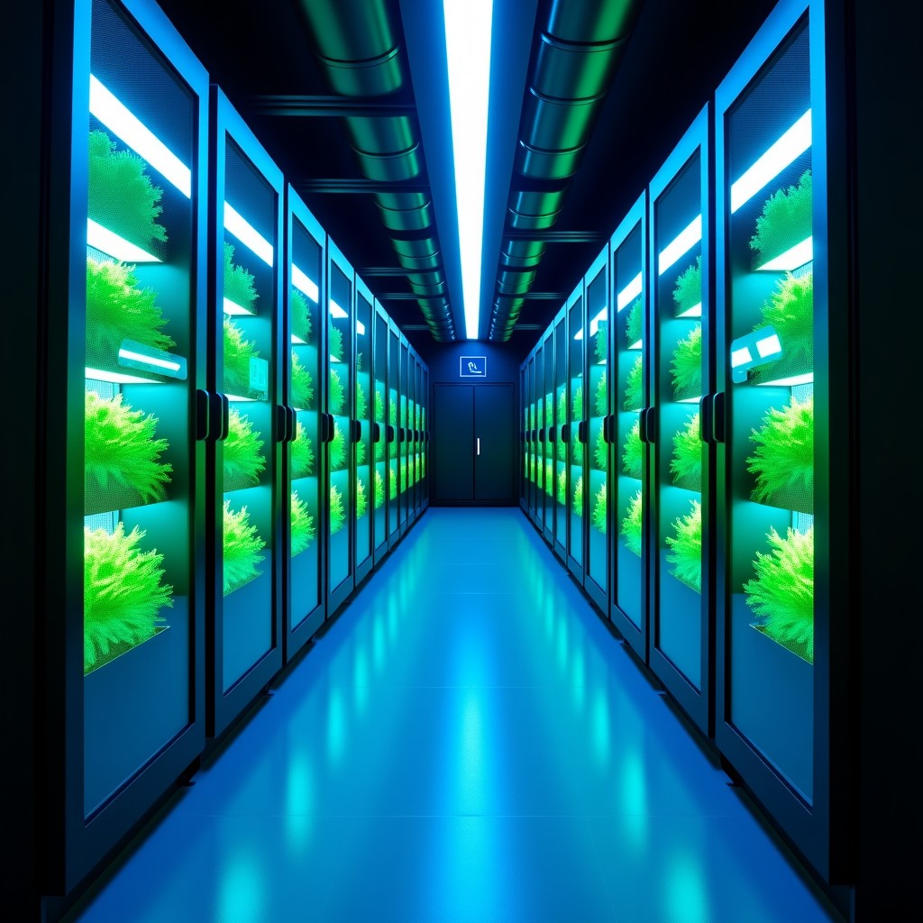 A futuristic server room integrated with vertical hydroponic farming systems. Blue and green neon lighting. 4:3