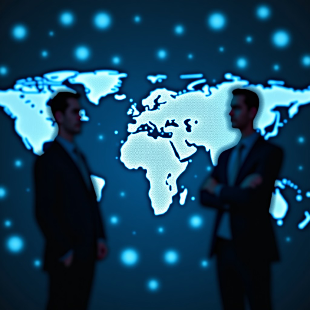 Abstract representation of global data connectivity and digital privacy, focus on blurred silhouettes and data nodes, professional aesthetic, tech-oriented, 4:3 aspect ratio.