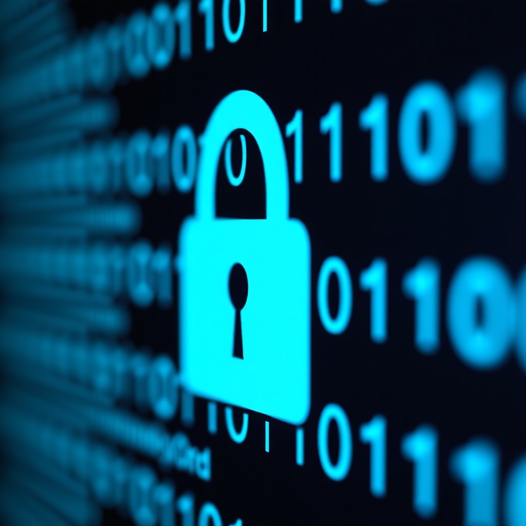 Close-up of a digital lock icon merging with binary code, representing security and filtering technology, sharp focus, 4:3 aspect ratio.
