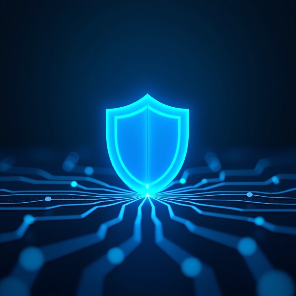 Abstract representation of digital privacy, glowing blue data streams and a subtle protective shield motif, clean modern tech aesthetic, 4:3 ratio.