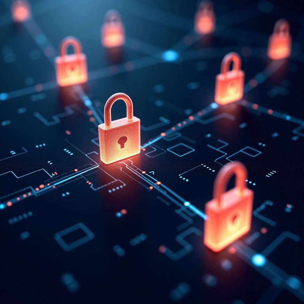 Abstract representation of data security and privacy. Digital padlocks connected by glowing lines of code on a dark textured background. High contrast, professional tech style, 4:3