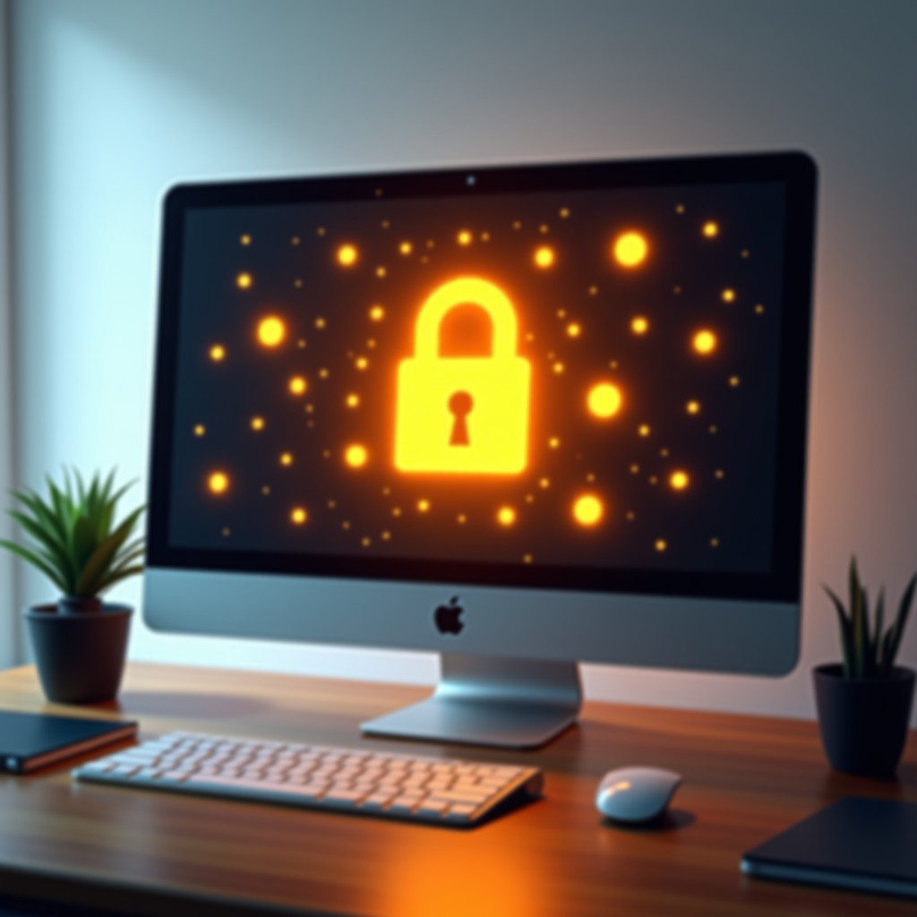 A clean minimalist office space with a large monitor displaying a glowing golden lock icon surrounded by floating data particles. The lighting is soft and warm. No text. 4:3