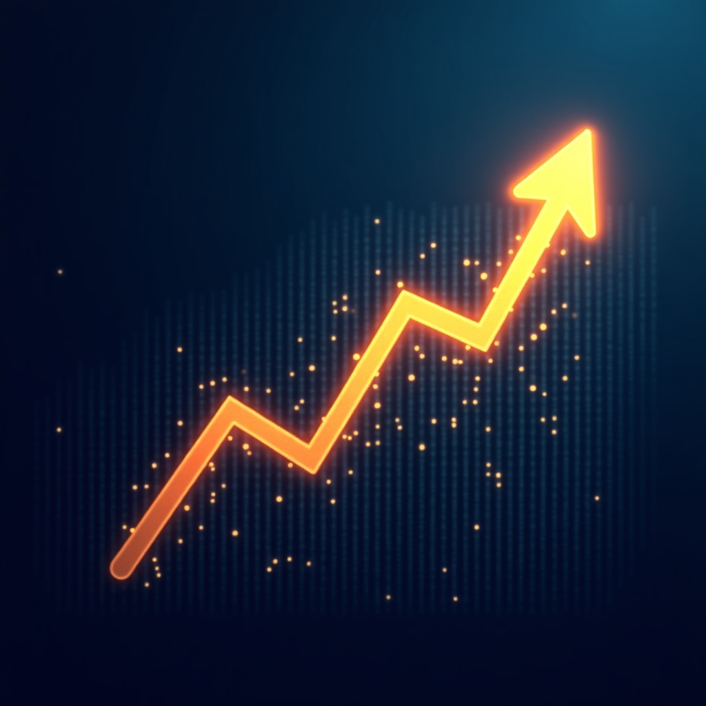 A glowing digital graph showing an upward trend integrated with abstract AI brain patterns. Dark blue and gold color scheme, professional and sophisticated look. 4:3