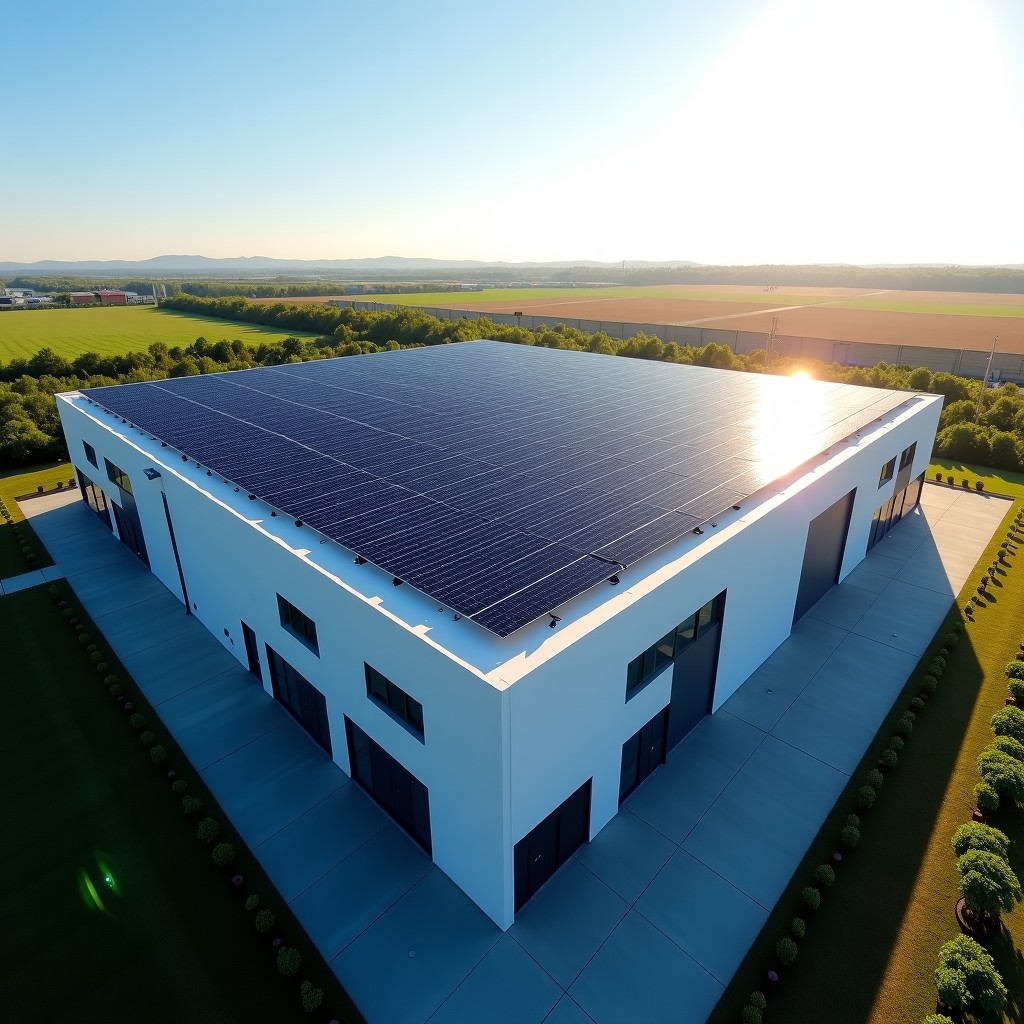 Modern data centre building with extensive rooftop solar panel installation, bright sunny day, sustainable architecture, wide angle shot, 4:3