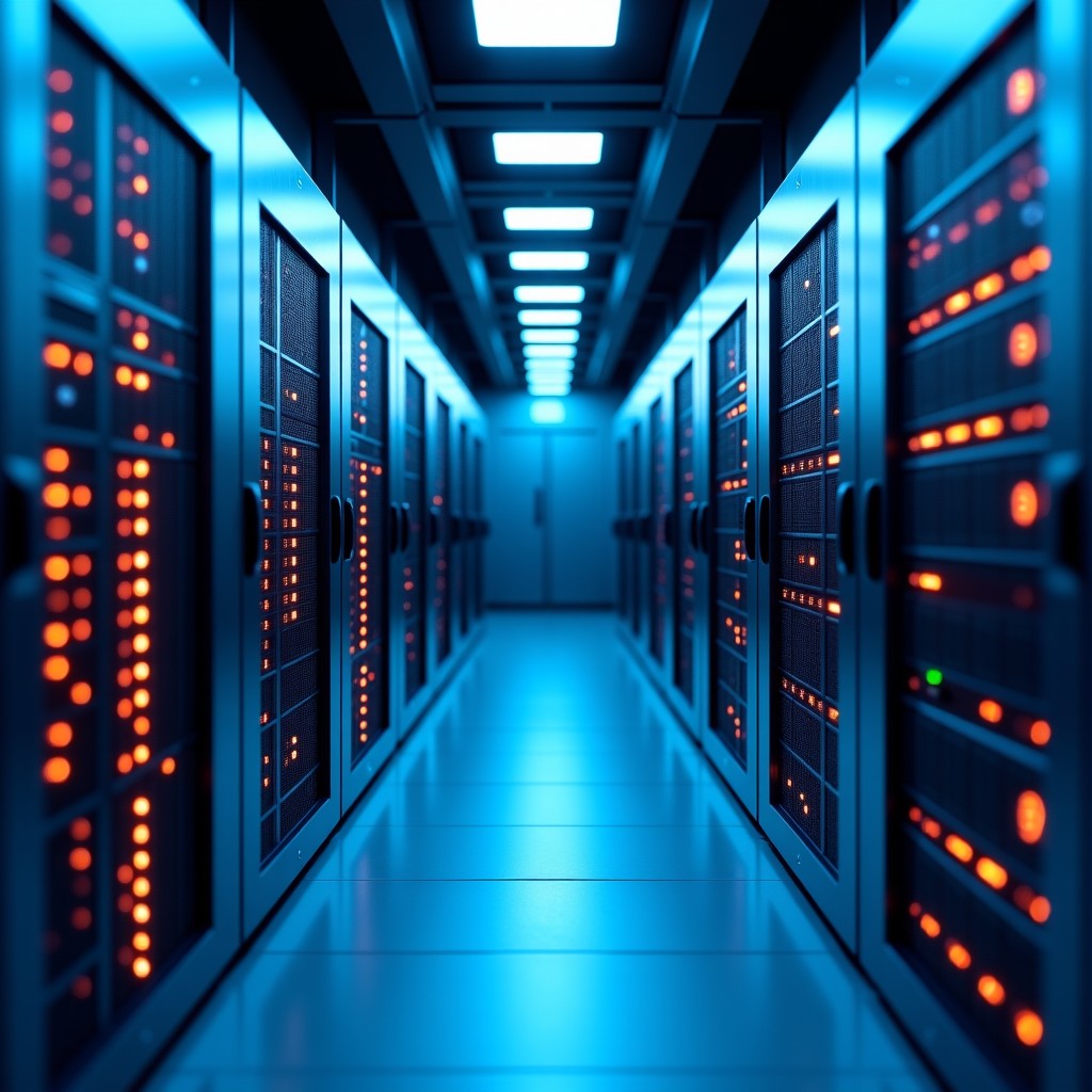 Modern data center rows with glowing server lights, high-tech server racks in a clean environment, futuristic aesthetic, 4:3