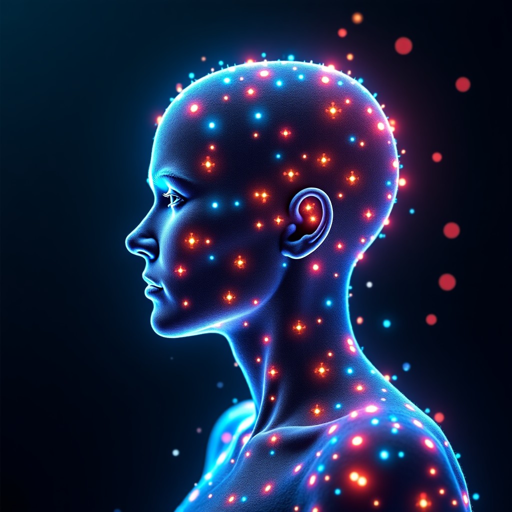 Abstract representation of scattered digital puzzle pieces forming a portrait in a dark background, colorful light trails, modern tech style, ultra-detailed, 4:3