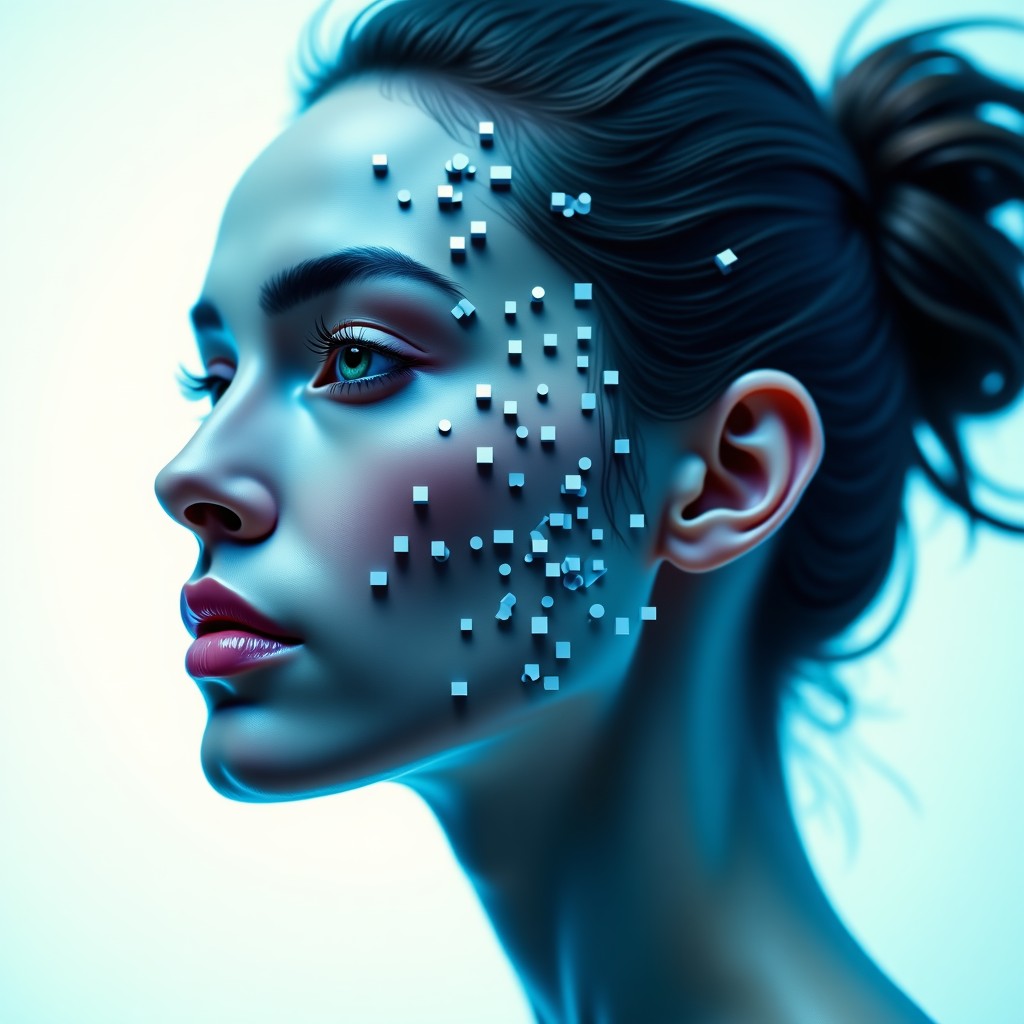 Abstract representation of disparate digital fragments coming together to form a clear portrait, digital art, cool color palette, 4:3