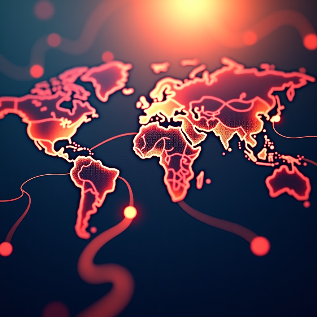 An abstract representation of global network connections and data flowing through digital paths, warm and inviting color palette, 4:3 aspect ratio