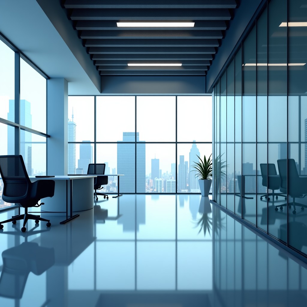 Modern office interior with glass walls and floating digital interfaces, minimalist aesthetic, professional atmosphere, 4:3