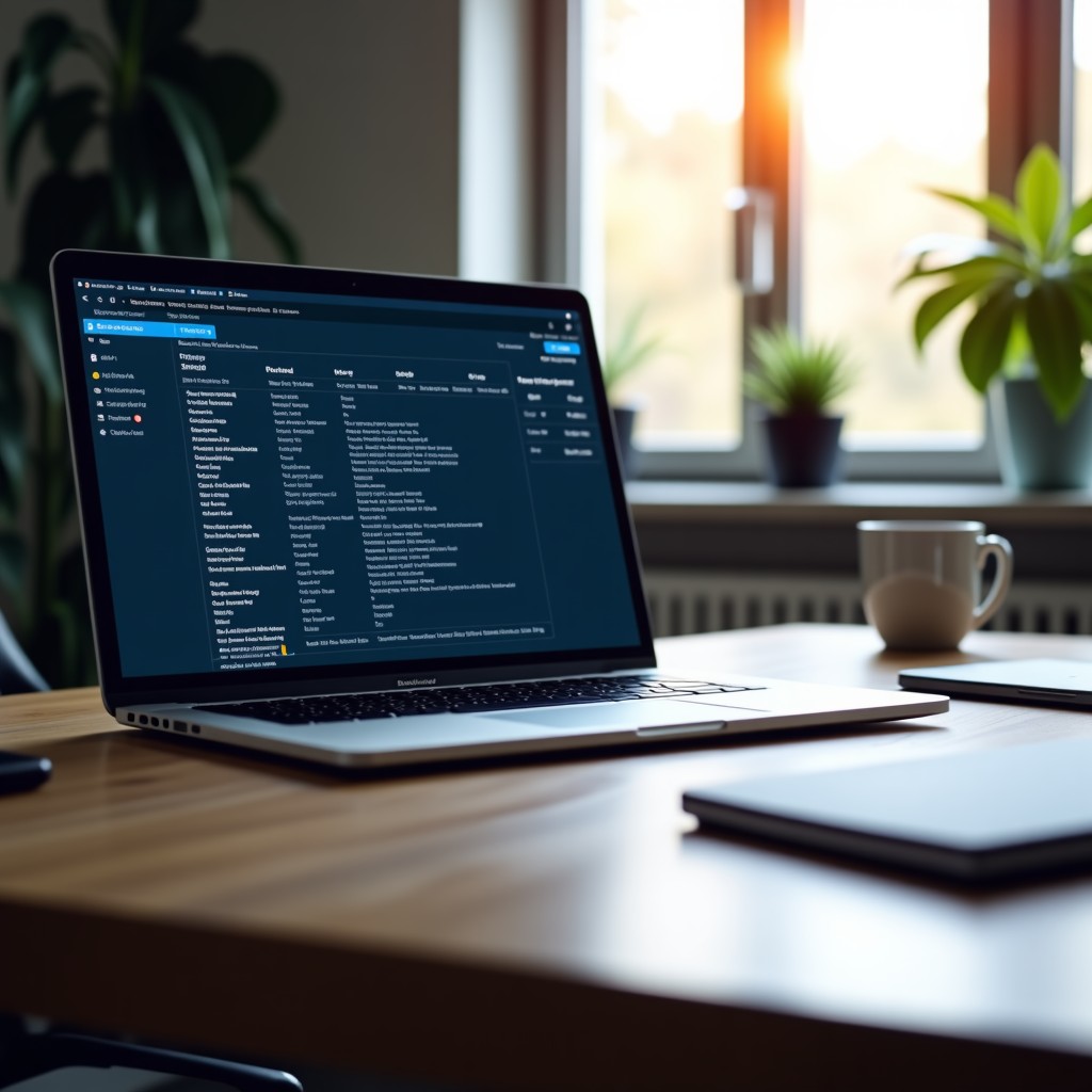A professional workspace with a clean desk, a laptop screen showing complex data streams, natural morning light, realistic, 4:3.