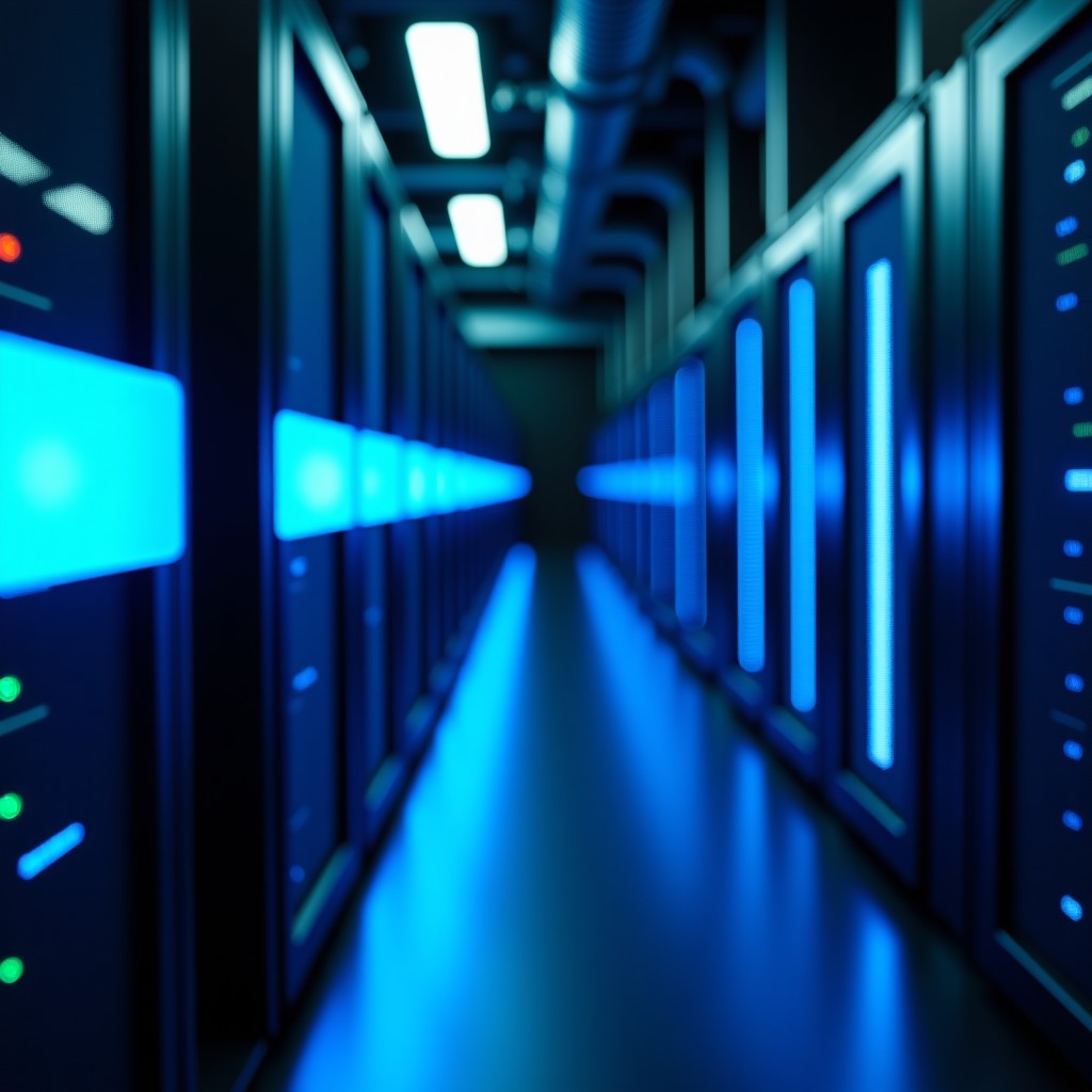Close-up of high-tech cooling pipes and server racks inside a modern datacentre, neon blue lighting, industrial aesthetic, detailed textures, 16:9 aspect ratio.