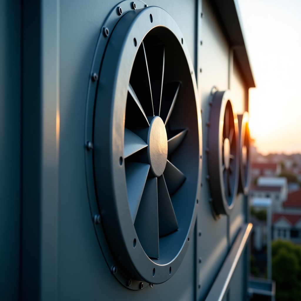 Close up of a massive industrial cooling fan system on the side of a grey concrete building. Heat waves are shimmering in the air around the fans. The background shows a residential area in the distance, suggesting proximity. Realistic photography style. 4:3