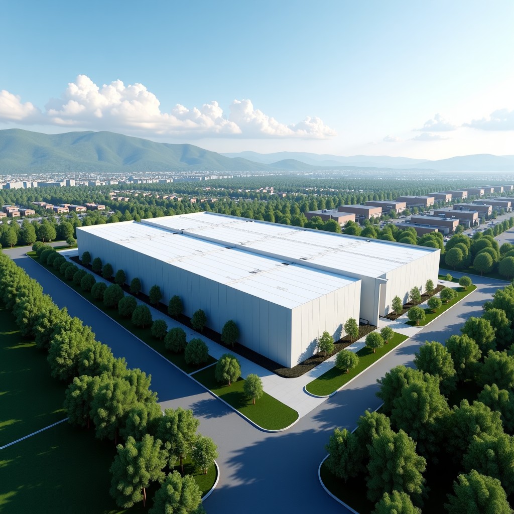 A modern large-scale industrial datacenter building exterior surrounded by greenery and local suburban landscape, high-tech industrial architecture, wide angle shot, natural daylight, 4:3