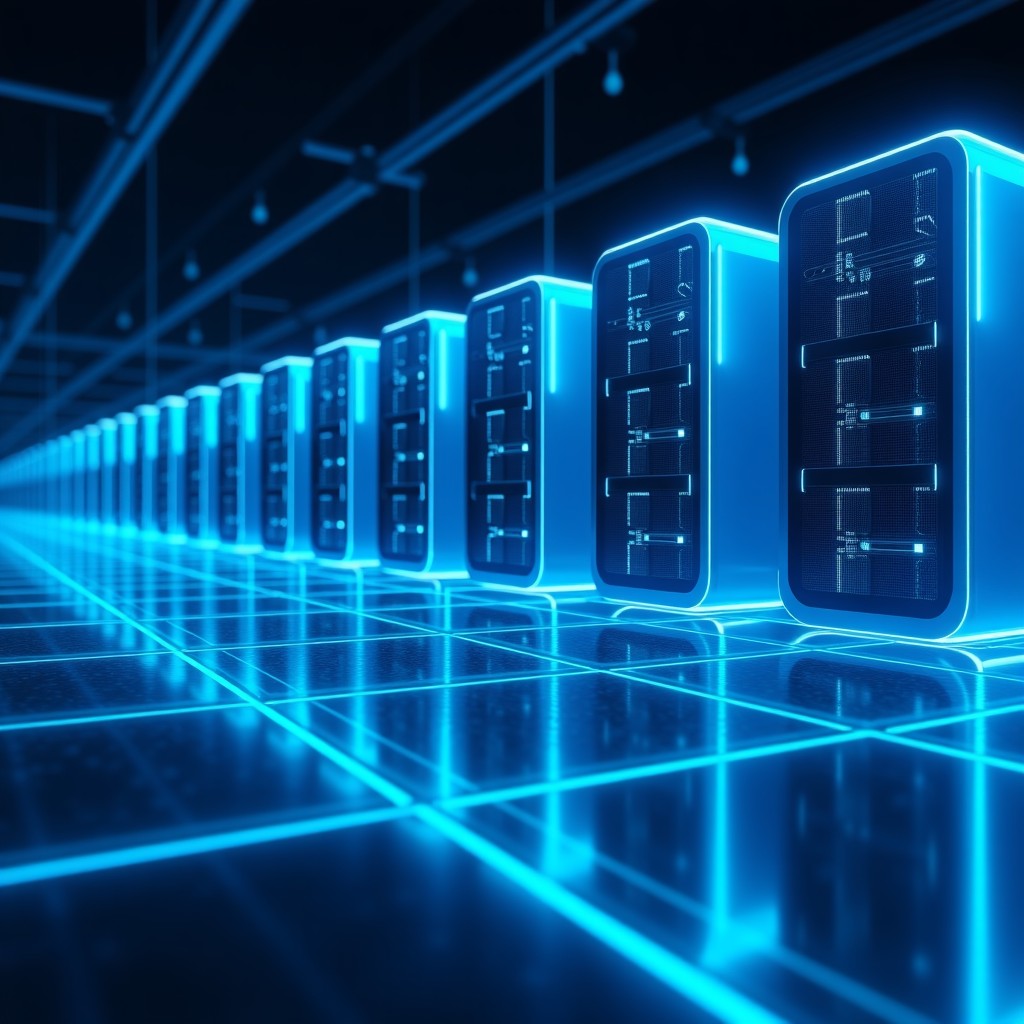 A modern visualization of a clean data center connected to a power grid, digital art style, glowing energy lines, sleek and minimalist, high resolution, 4:3 aspect ratio.