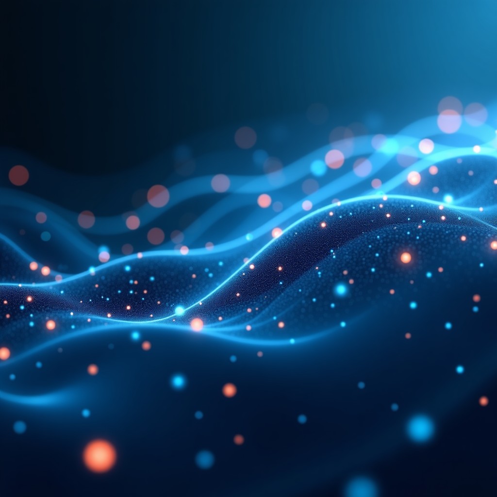 Futuristic abstract concept of data flowing through a network, glowing lines and nodes, high resolution, detailed composition, metallic and soft blue background, 4:3 aspect ratio.