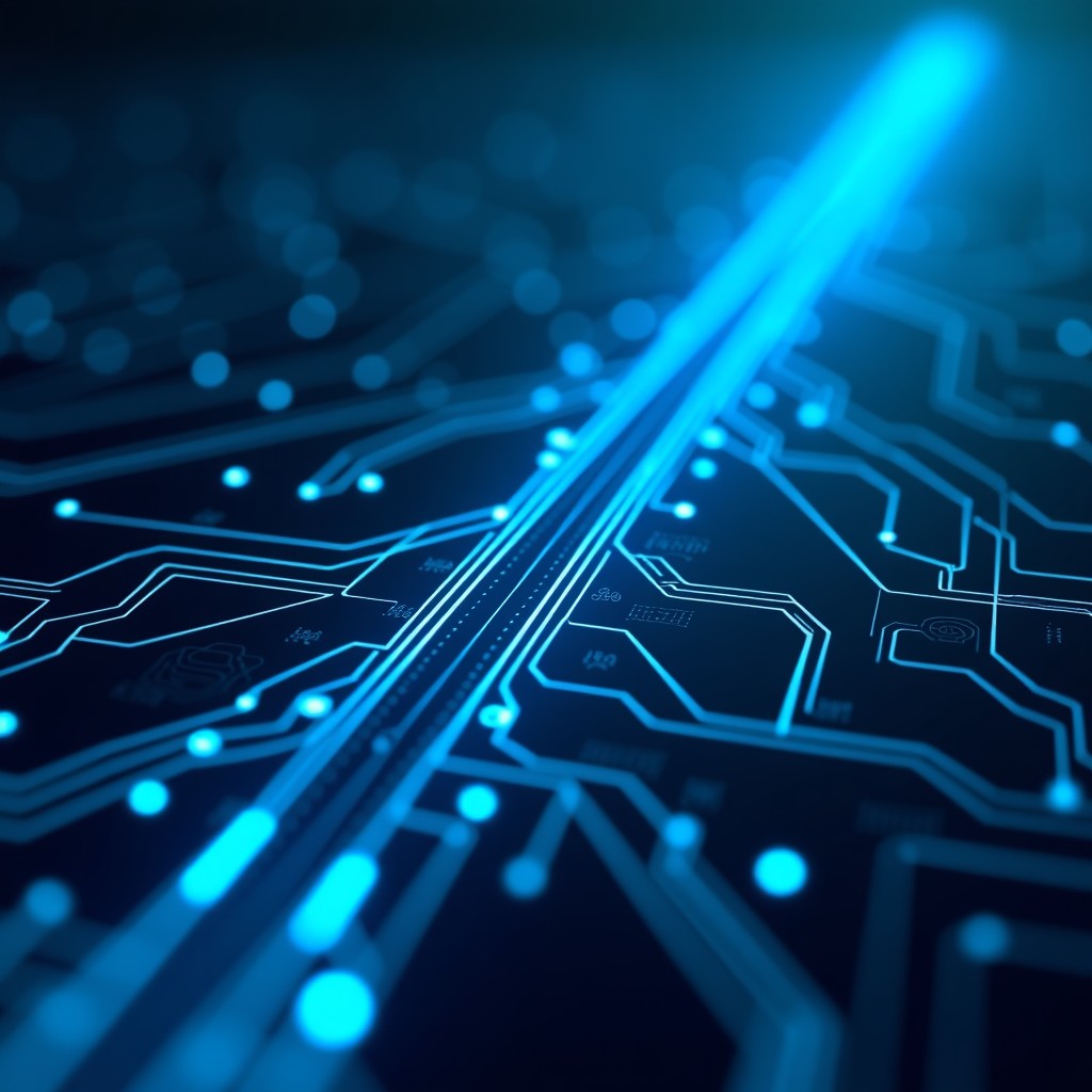 A conceptual close-up of a digital data stream moving through complex circuitry patterns, professional tech vibe, 4:3