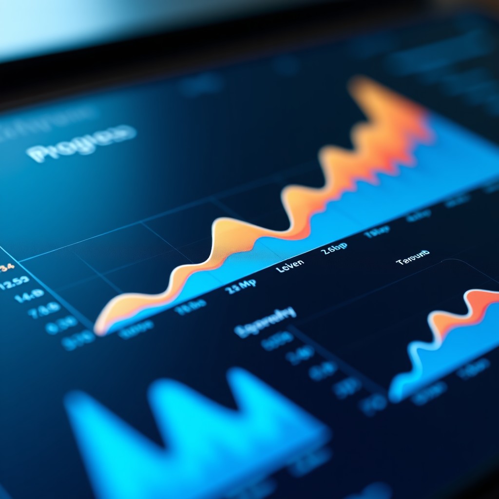 Close-up of a high-tech modern dashboard showing growth curves and analytical data in a professional setting, clean focus on progress and strategy, bright lighting, 4:3