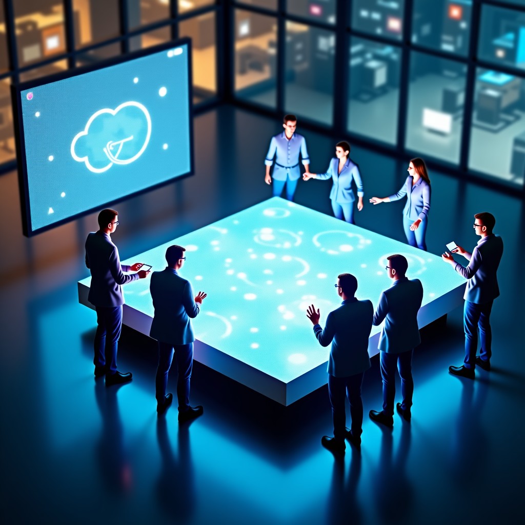 High-angle view of a modern collaboration space with professional tech workers interacting with large glowing digital holographic screens, depth of field, 4:3