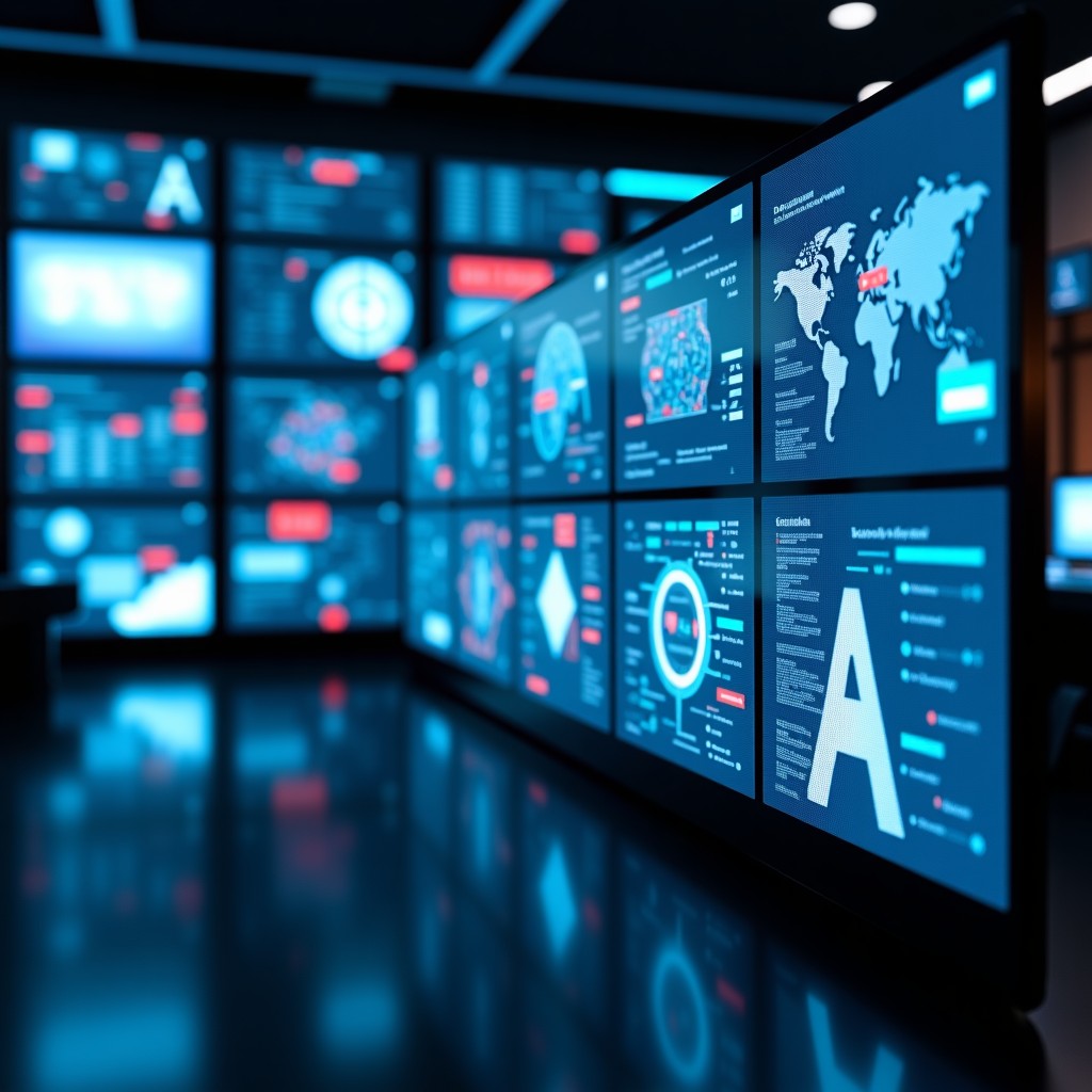 A futuristic digital studio with screens showing diverse media formats, abstract AI data patterns, sharp focus, professional color grading, depth of field, 4:3.