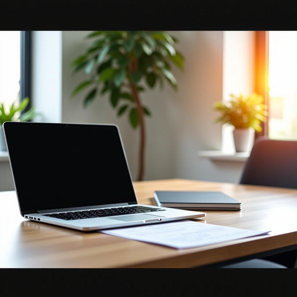 A clean, modern office desk with a laptop and a document, warm lighting, professional atmosphere, minimalist style, 4:3 ratio.