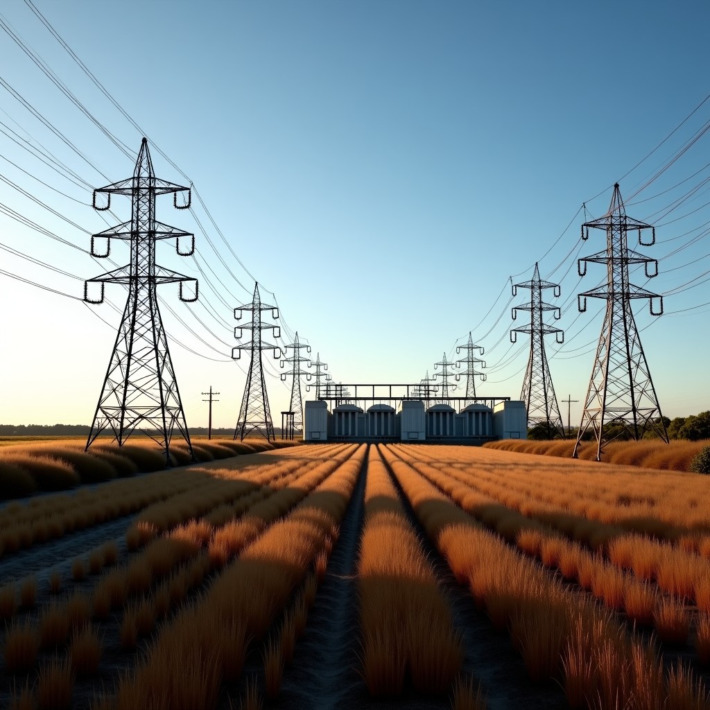Massive electrical substation with power lines stretching across a natural Australian landscape, high contrast, daytime lighting, professional photography style, 4:3