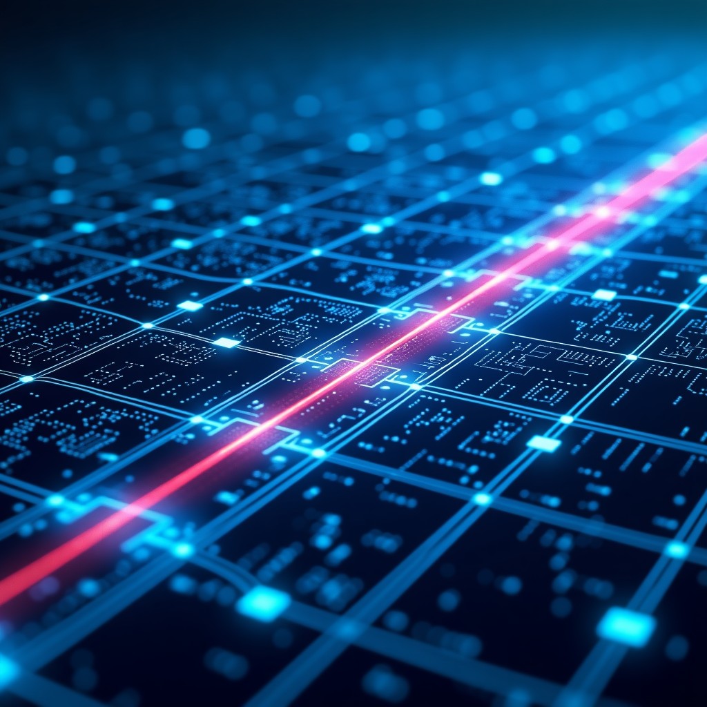 A detailed digital visualization of a city energy network with glowing lines of power distribution. High tech blueprint style 4:3