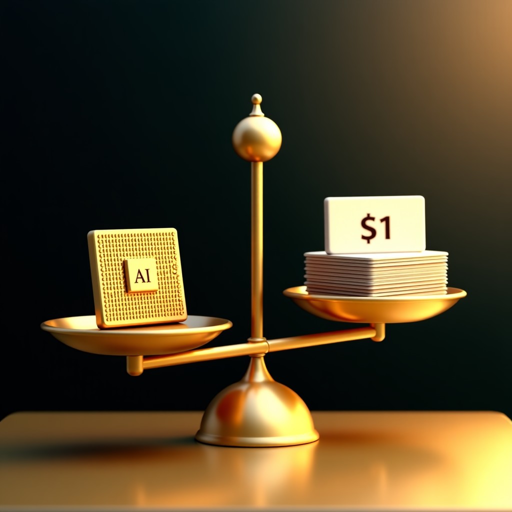 A conceptual high-contrast image of a golden scale balancing a shiny AI chip and a stack of stock certificates. On one side of the scale, there is a price tag showing a lower number, and on the other side, a much higher number. The background is a dark, professional gradient. 4:3