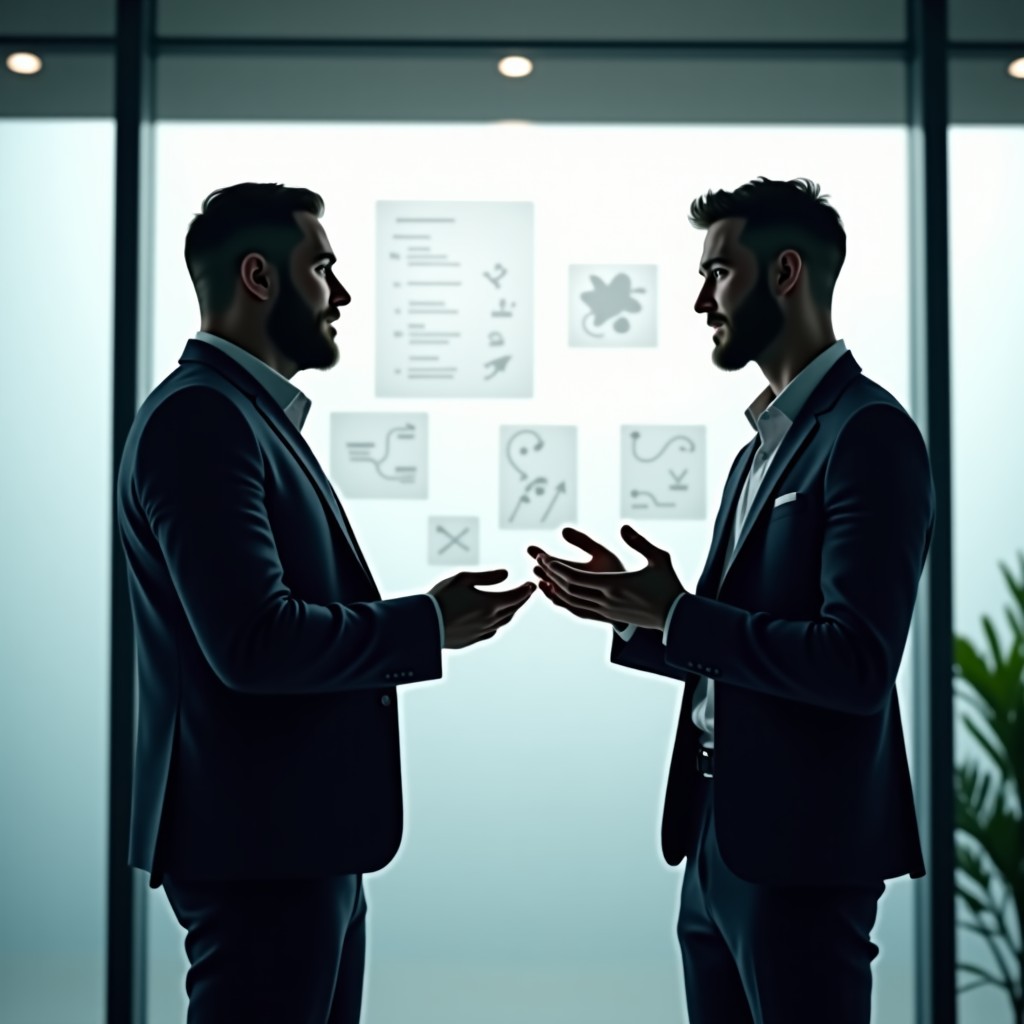 Two professional tech experts in business casual attire discussing complex concepts in front of a glass wall with sketches, natural lighting, optimistic atmosphere, 4:3