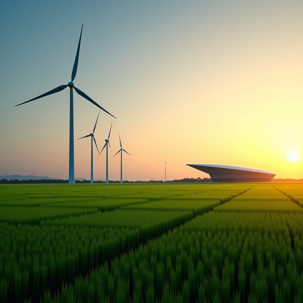 A landscape featuring large wind turbines in a green field with a sleek modern tech building in the distance, sunset lighting, realistic photography style, 16:9 aspect ratio.