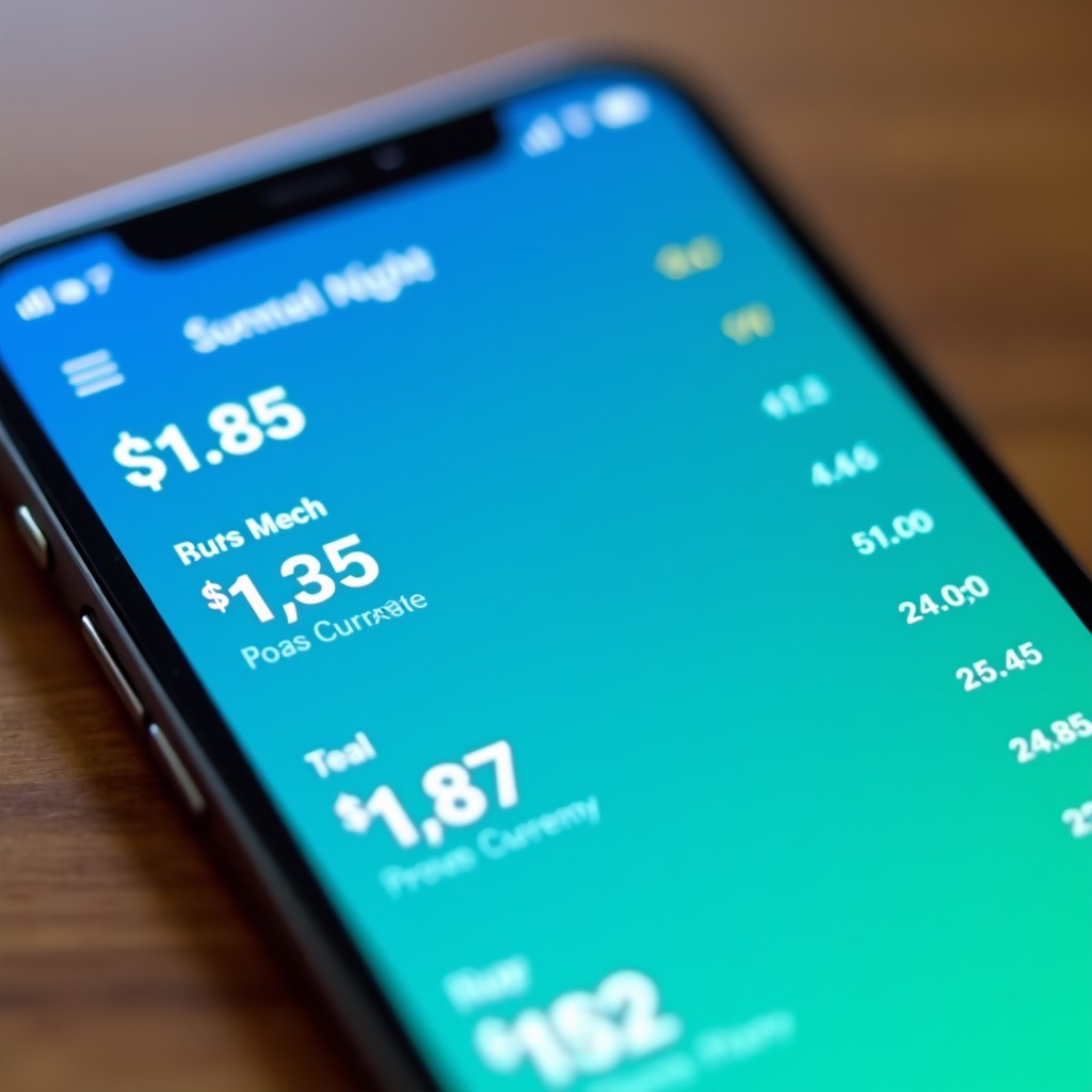 Close up of a smartphone screen displaying a clean financial application interface with currency exchange graphs, vibrant blue and green color palette, soft bokeh background, 4:3