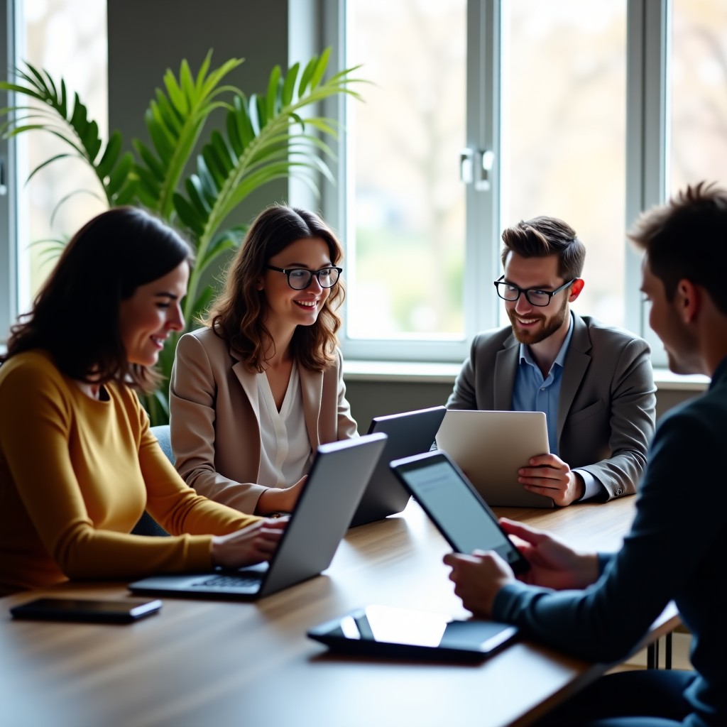 a group of people collaborating using various digital tablets and laptops in a bright modern office, focused and positive atmosphere, natural daylight, 4:3