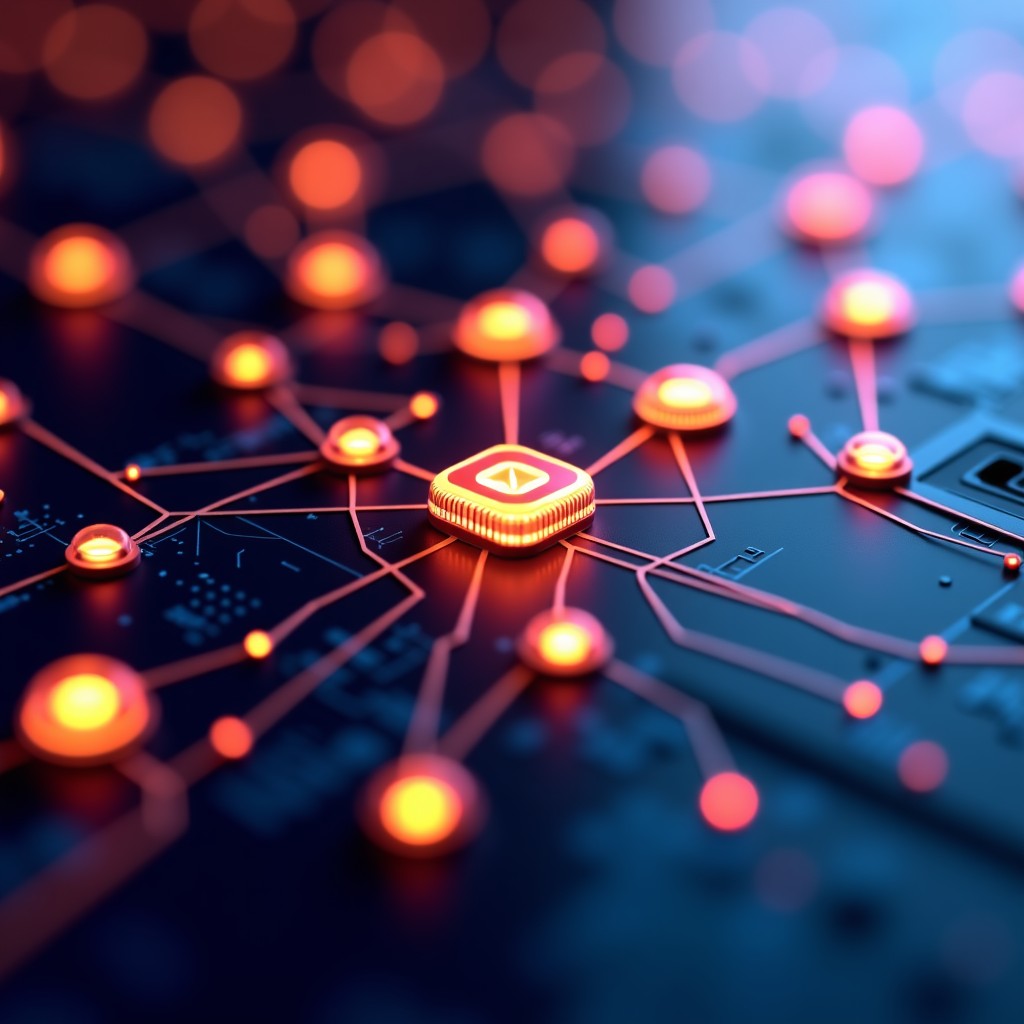 An abstract composition of glowing digital nodes and sleek metallic surfaces, symbolizing software and hardware integration, sharp focus, vibrant colors, 4:3 aspect ratio.