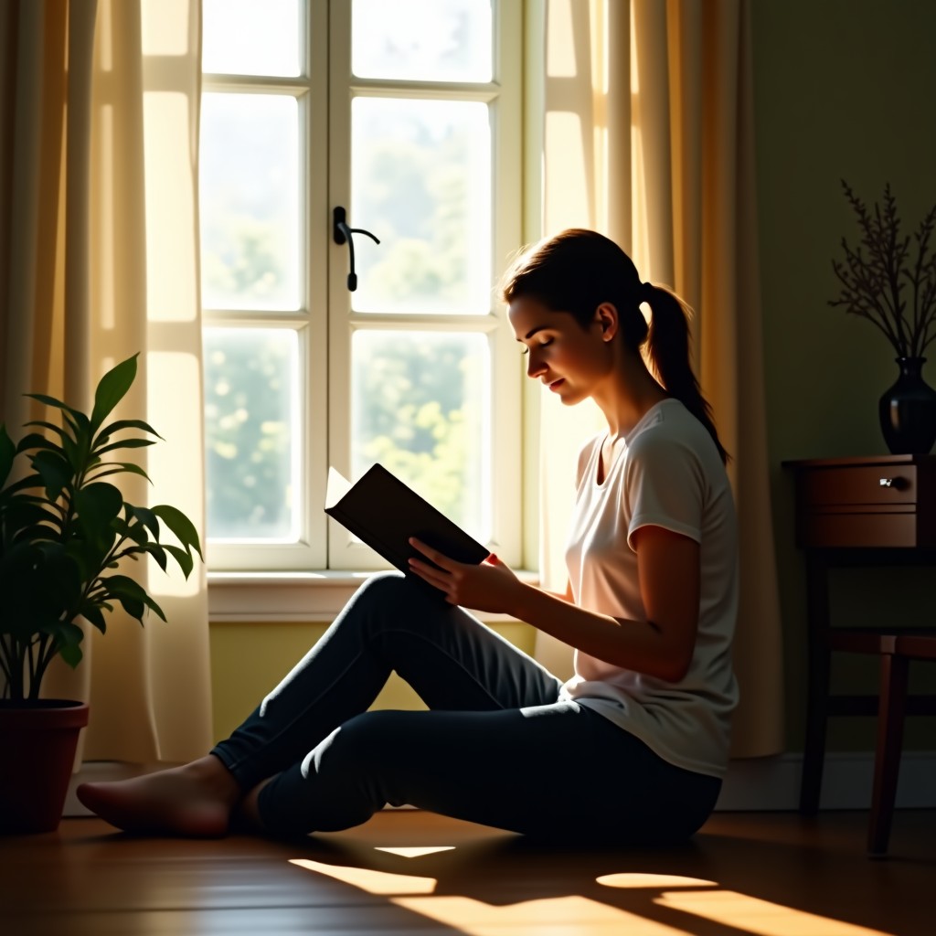 A person sitting in a quiet, sunlit room, no electronic devices, reading a physical book, natural and calm atmosphere, realistic photography, 4:3