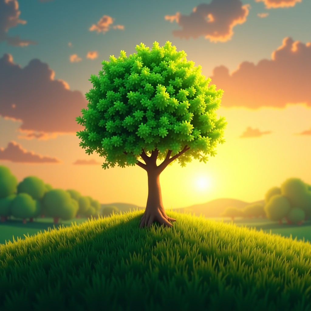 Artistic rendering of a digital circuit tree growing in a lush green environment, sunset background, warm and hopeful atmosphere, textured digital art, 1:1
