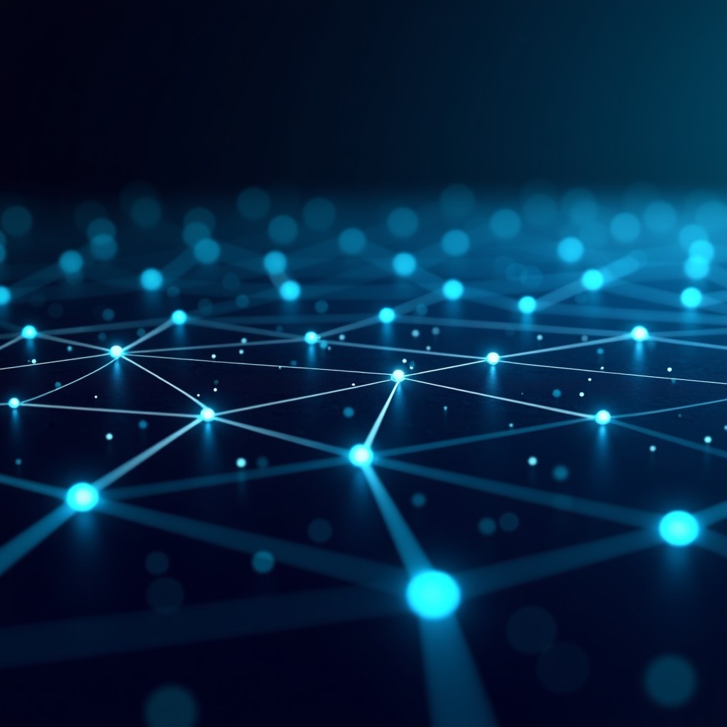 Abstract digital network lines connecting points on a dark background, representing surveillance and data flow, futuristic clean tech style, 4:3