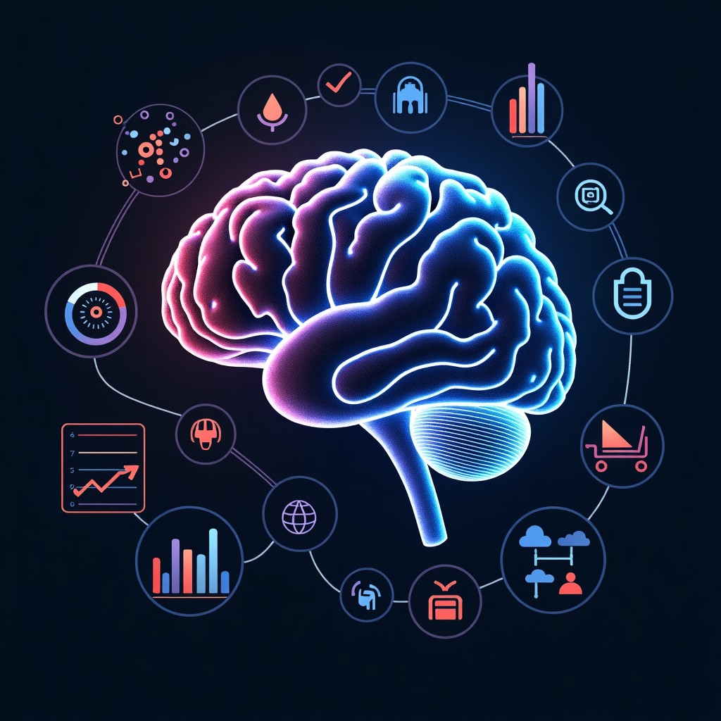 A digital brain structure connecting diverse data nodes, high contrast, clean infographic style, 4:3