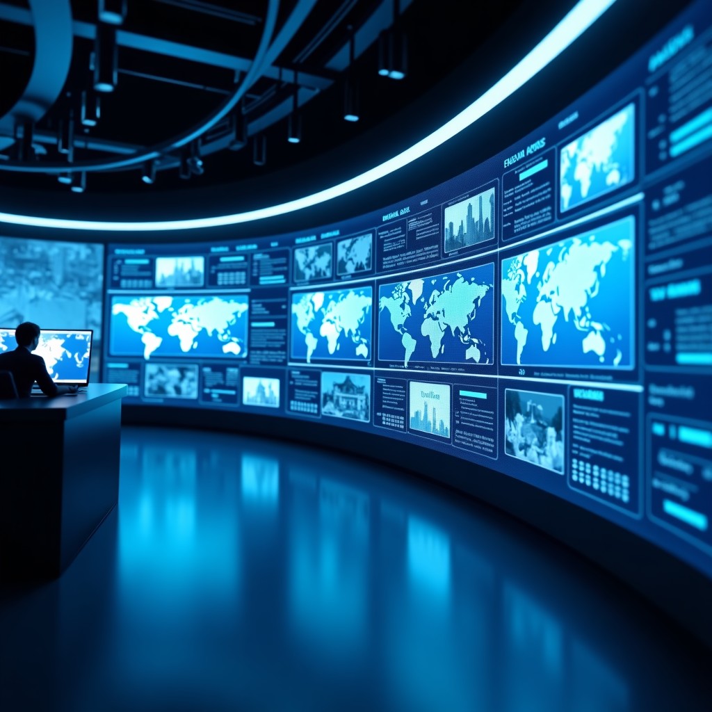 A high-tech digital newsroom environment with abstract neural network lines overlaying multiple screens showing news headlines. Professional media atmosphere, modern blue and silver tones, 4:3.