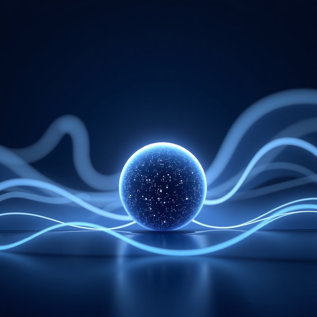 An abstract and artistic representation of glowing digital data flowing smoothly from one sphere to another against a dark blue gradient background with soft light streaks. 4:3