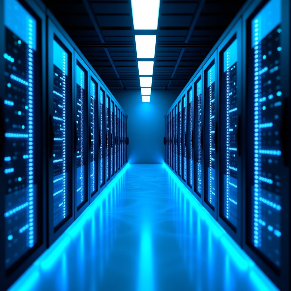 A high-tech server room with glowing blue LED lights, fiber optic cables moving with light pulses, representing fast data processing and AI memory features, clean and futuristic laboratory atmosphere, 4:3