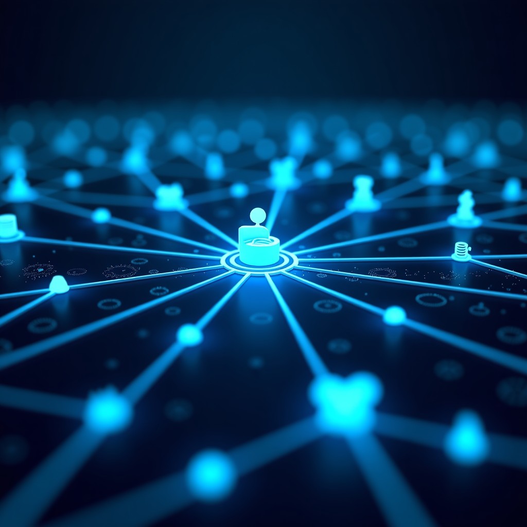 A digital screen showing a massive network connecting food icons and health data points, dark blue background with glowing connections, 4:3