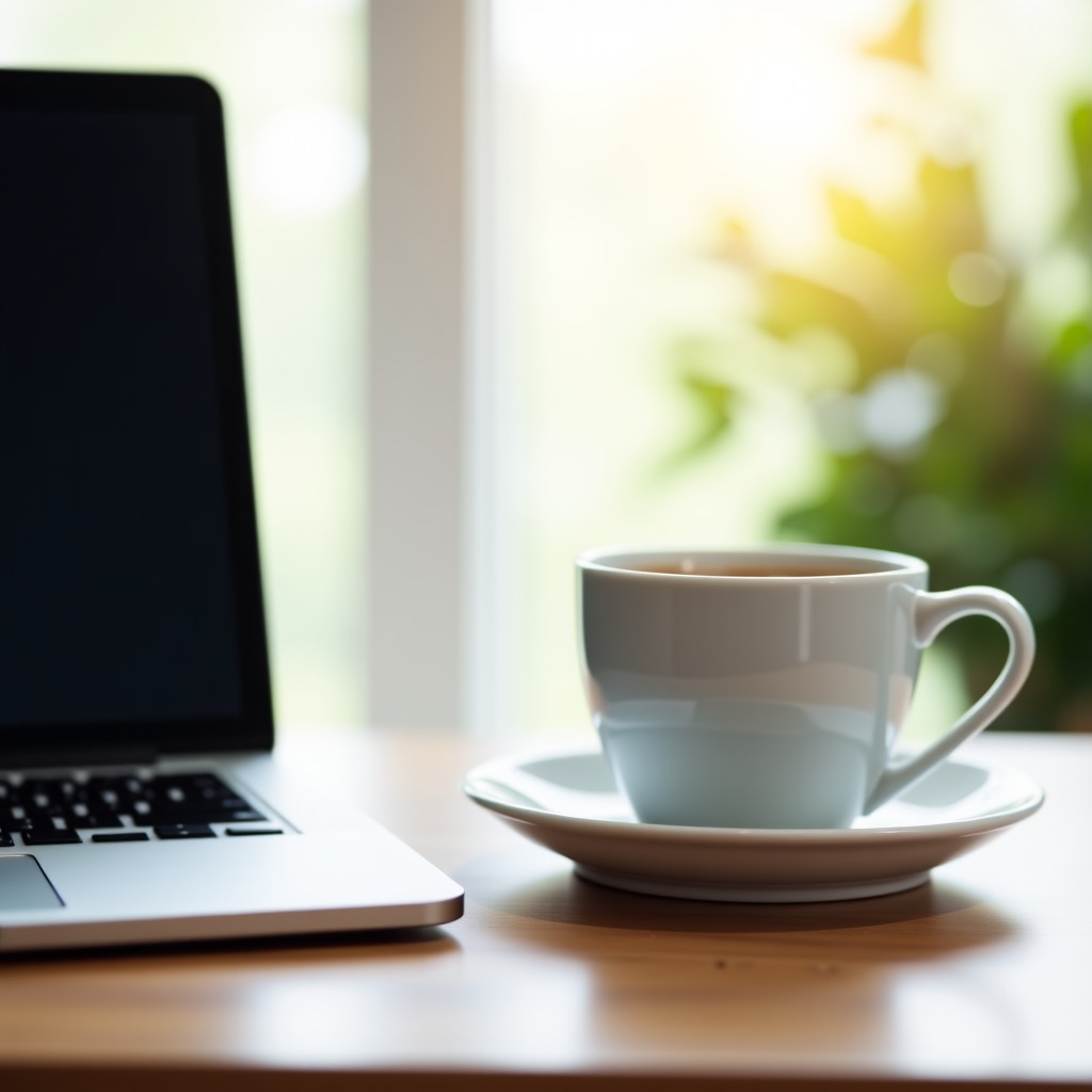 A minimalist workspace with a tablet and coffee cup on a wooden table, soft focus background, professional and calm atmosphere, high quality, 4:3 aspect ratio