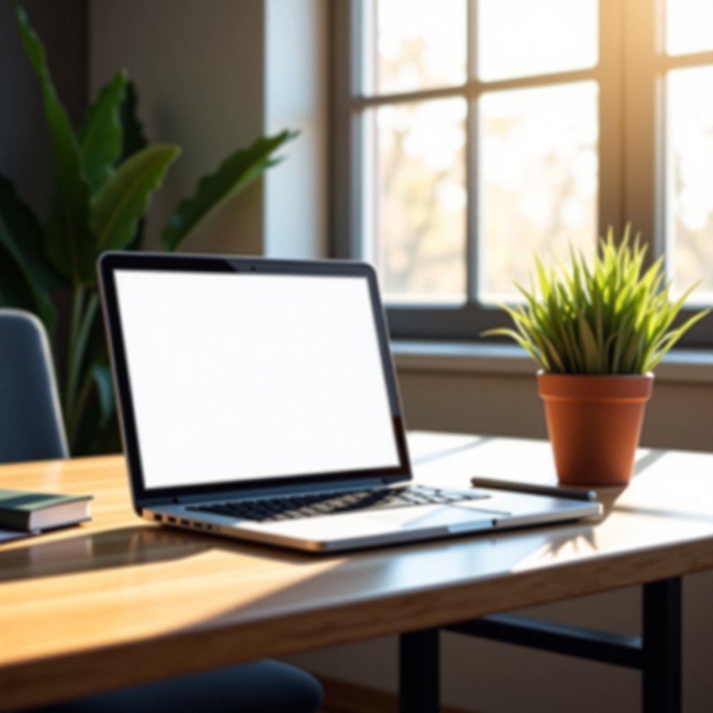 A calm, organized office desk with a laptop displaying a neutral interface, sunlight streaming through a window, signifying clarity and control, 4:3