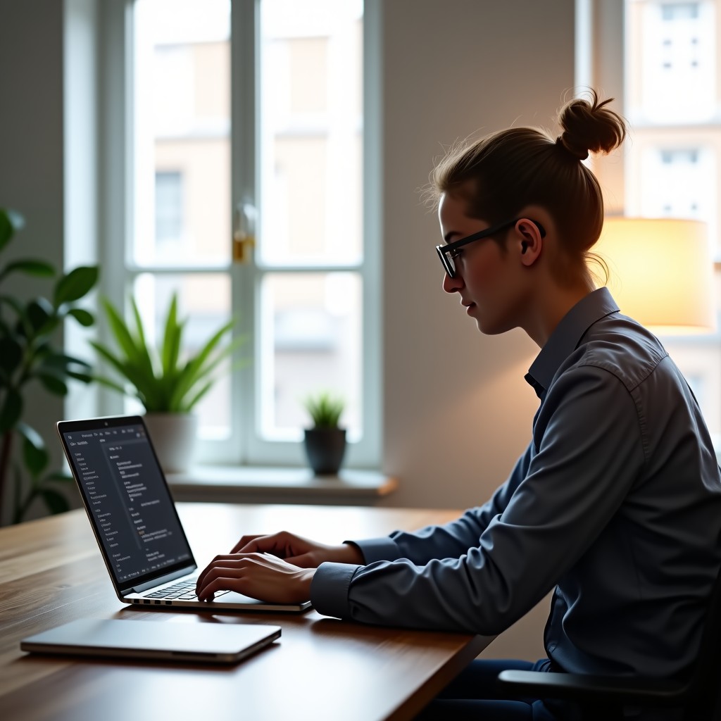 A creative professional working in a minimalist bright studio, high end laptop with a clean digital dashboard, inspiring atmosphere, 4:3