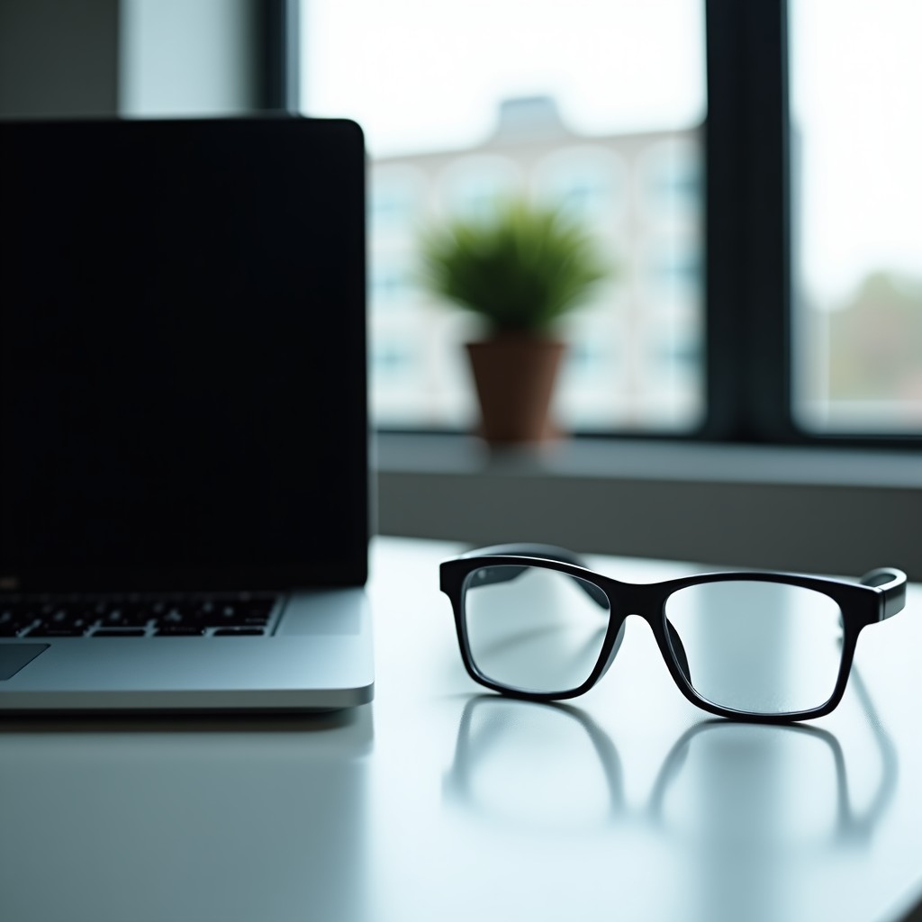 A clean desk setup with a laptop and a pair of smart glasses, soft office lighting, focused on personal information security, 4:3 ratio.